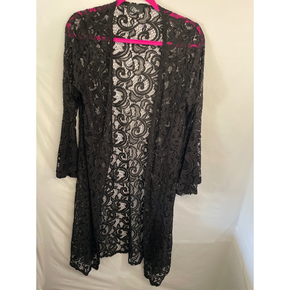 Chic Black Lace Longline Kimono Duster Cardigan Bell Sleeve Open Front Wrap